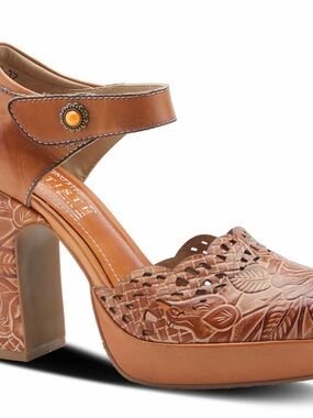 Women's Tan Leather Floral Cutout Platform Sandal by L’Artiste by Spring Step